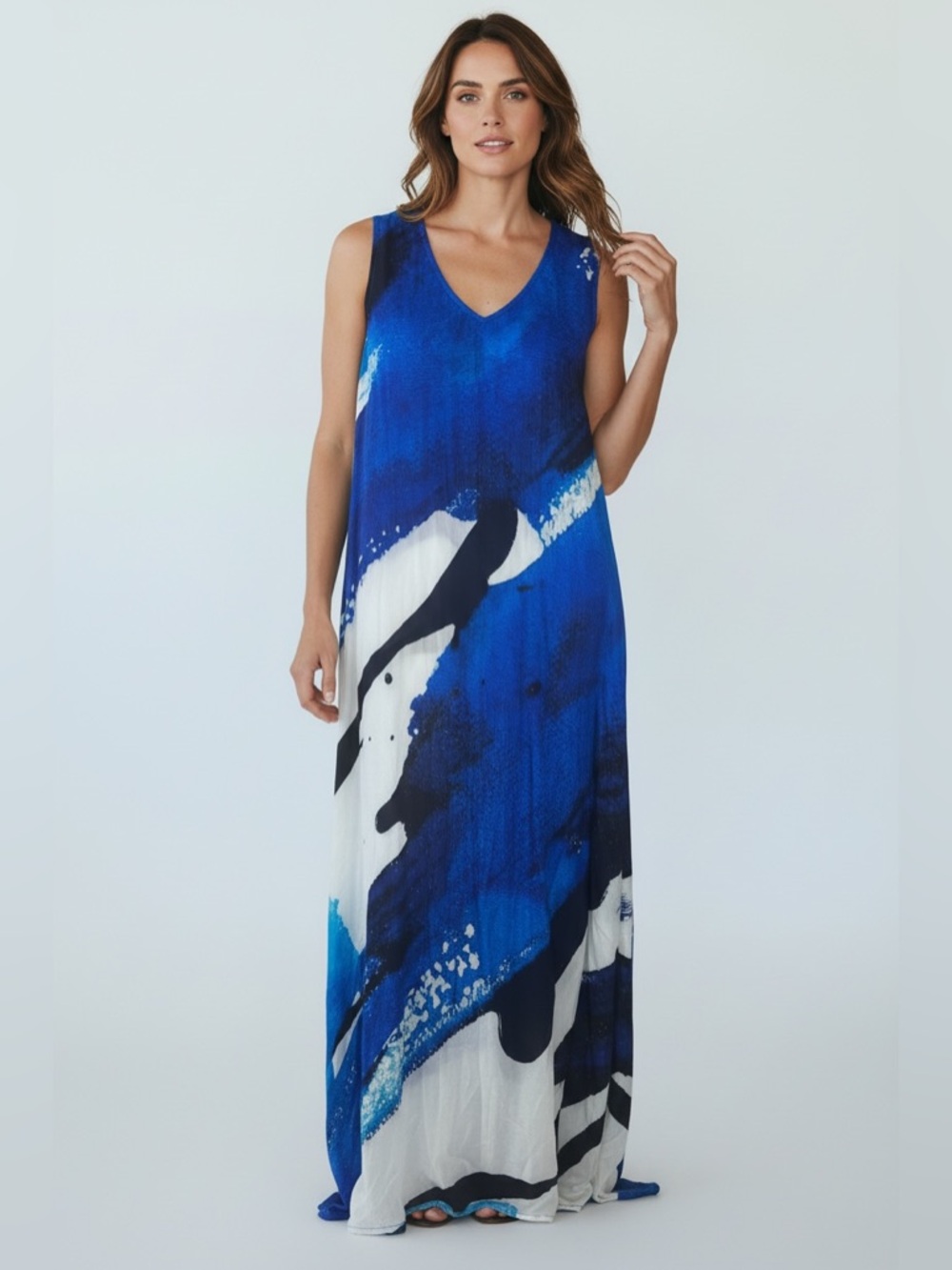 APNY Blue & White Abstract Sleeveless V-Neck w/Pockets Maxi Dress Women’s M NWT